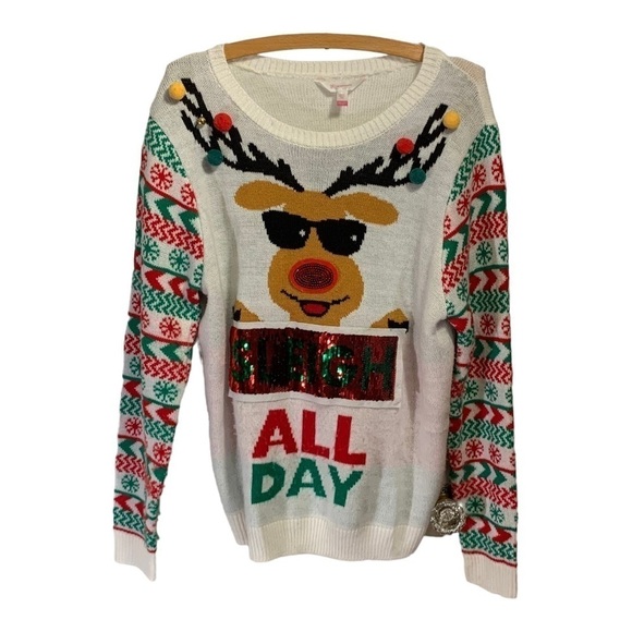 No Boundaries White Sequined Reindeer Christmas Graphic Sweater XXL SALE - Picture 4 of 13